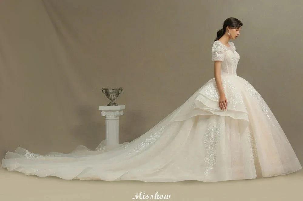 Chic Short Sleeves Tulle Lace Appliques Bridal Gown Spring Garden Wedding Dress - Image 4