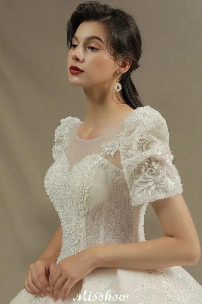 Chic Short Sleeves Tulle Lace Appliques Bridal Gown Spring Garden Wedding Dress - Image 6