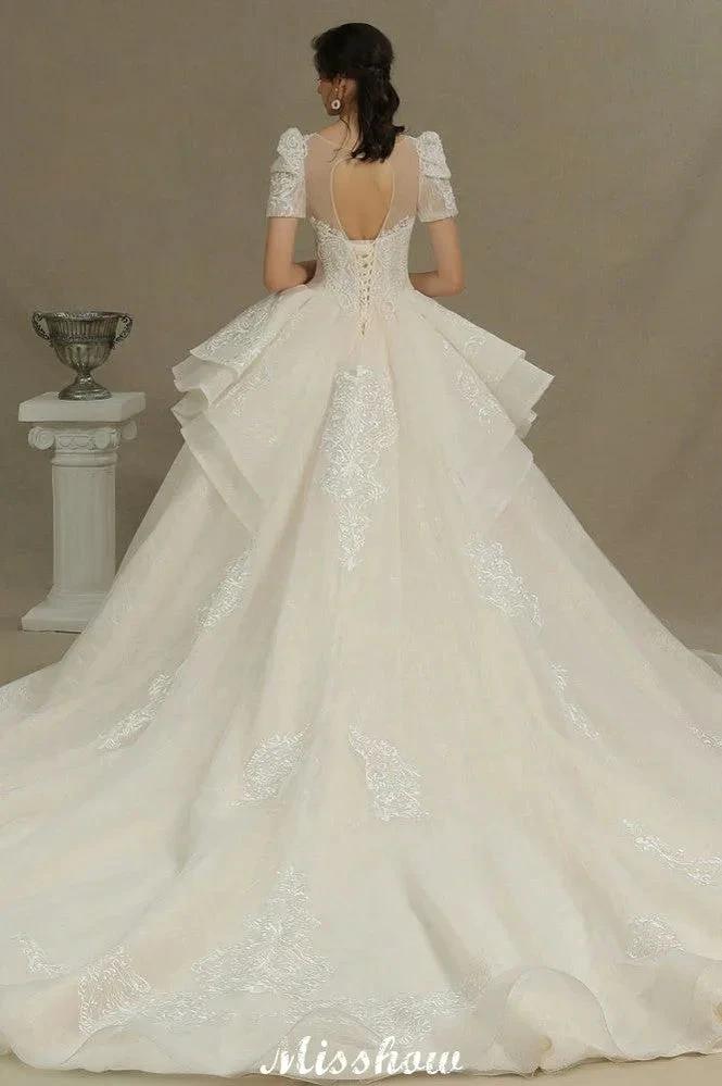 Chic Short Sleeves Tulle Lace Appliques Bridal Gown Spring Garden Wedding Dress - Image 7