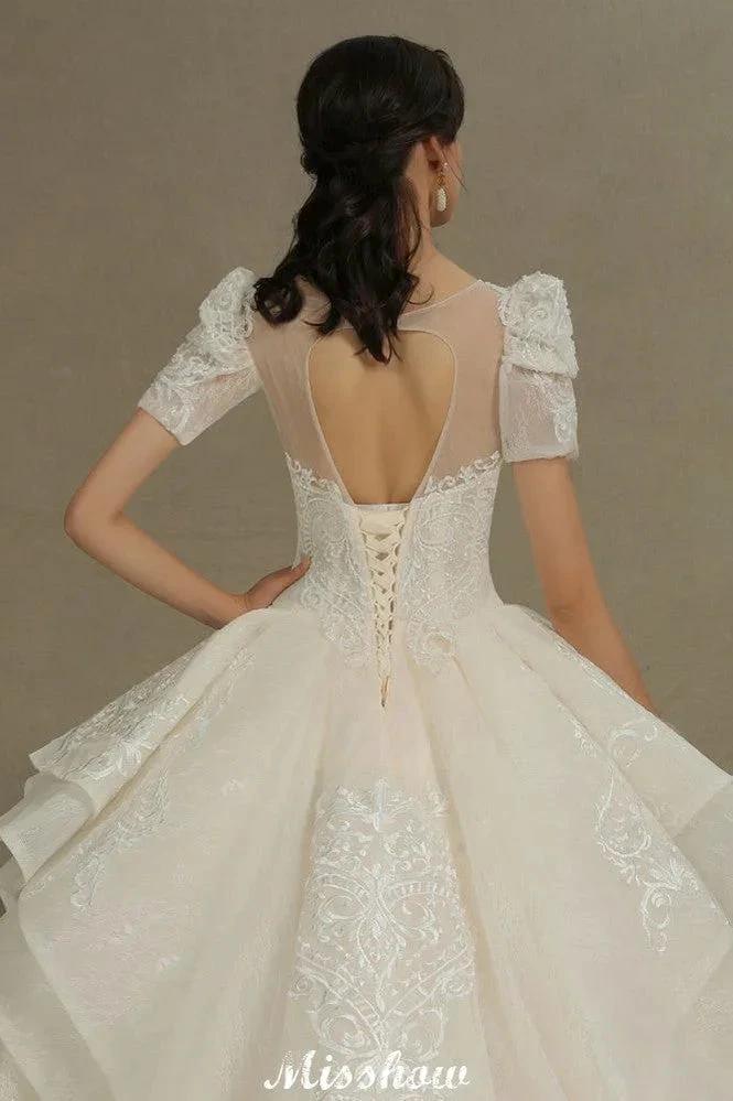 Chic Short Sleeves Tulle Lace Appliques Bridal Gown Spring Garden Wedding Dress - Image 9