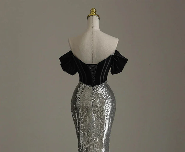 Chic Silver Mermaid Sequins Off the Shoulder Beading Prom Dress Evening Dress Y7613 - Image 3