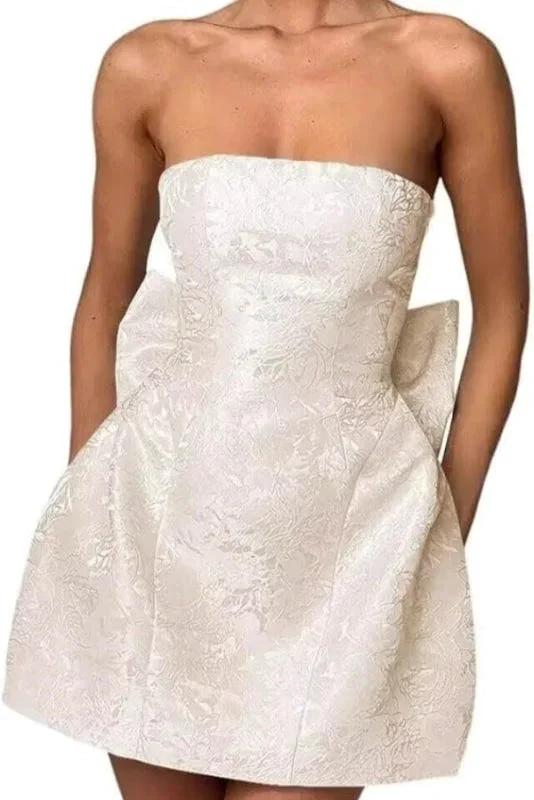 Chic Sleeveless Ruched Satin Floral Jacquard Mini Homecoming Dress with Bow - Image 5