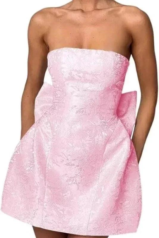 Chic Sleeveless Ruched Satin Floral Jacquard Mini Homecoming Dress with Bow - Image 6