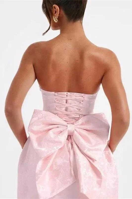 Chic Sleeveless Ruched Satin Floral Jacquard Mini Homecoming Dress with Bow - Image 7