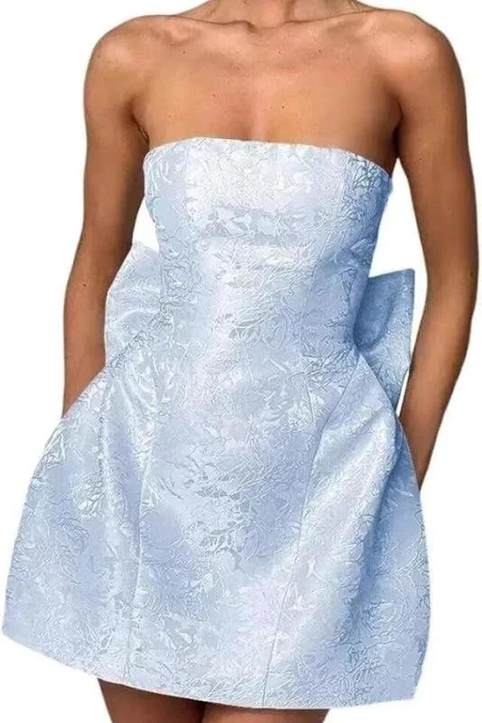 Chic Sleeveless Ruched Satin Floral Jacquard Mini Homecoming Dress with Bow - Image 8