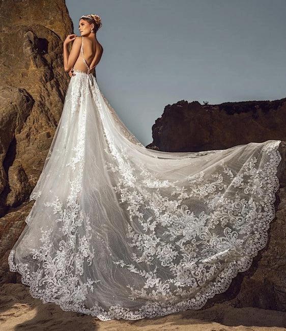 Chic Sleeveless V-Neck Wedding Dress Aline Tulle Brial Dress with Lace Appliques& Pockets - Image 2