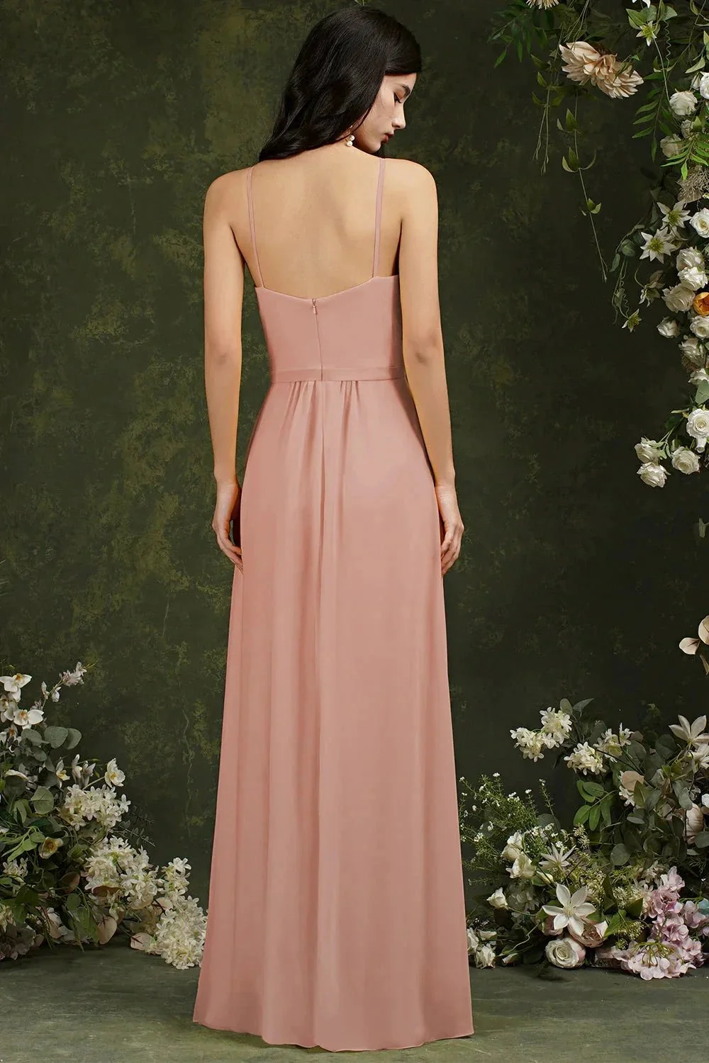 Chic Spaghetti Straps Halter A-Line Floor-length Split Bridesmaid Dress With Pockets - Image 2
