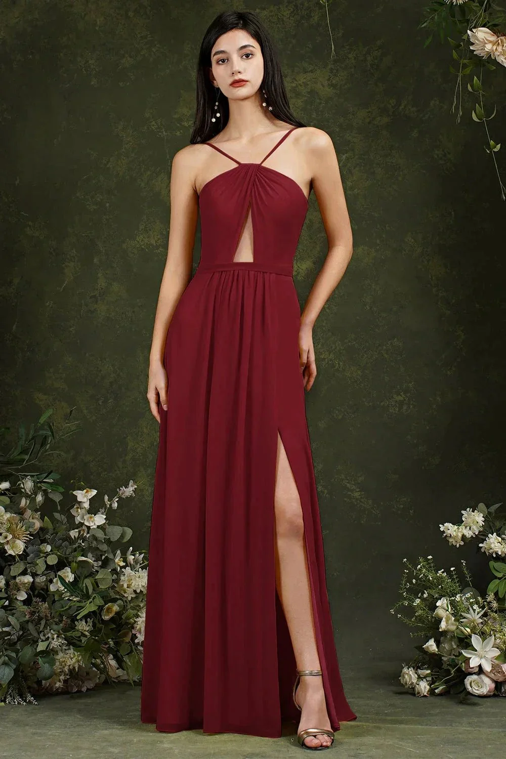 Chic Spaghetti Straps Halter A-Line Floor-length Split Bridesmaid Dress With Pockets - Image 3