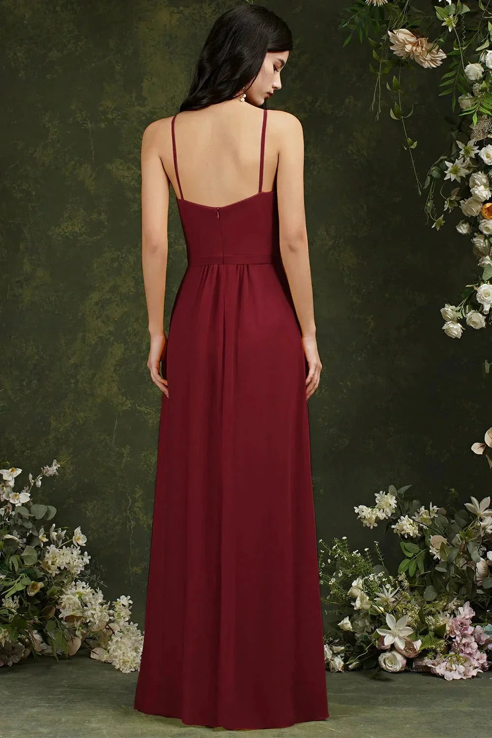Chic Spaghetti Straps Halter A-Line Floor-length Split Bridesmaid Dress With Pockets - Image 4