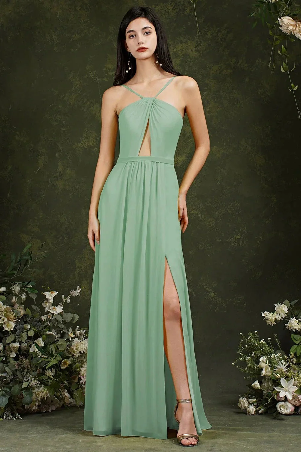 Chic Spaghetti Straps Halter A-Line Floor-length Split Bridesmaid Dress With Pockets - Image 5