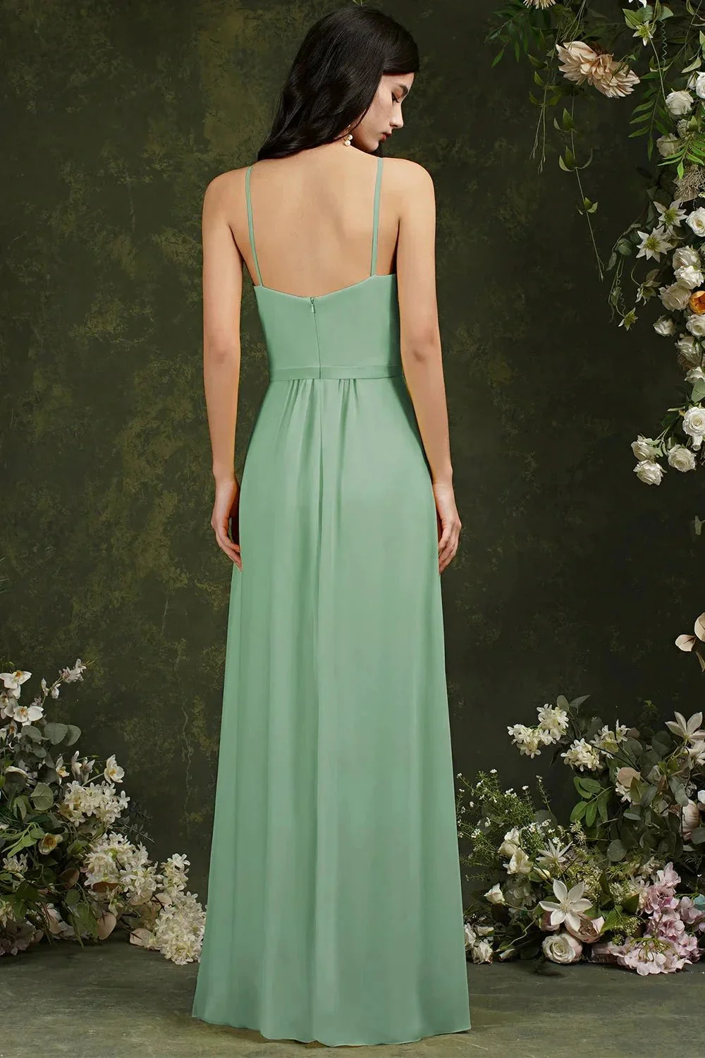 Chic Spaghetti Straps Halter A-Line Floor-length Split Bridesmaid Dress With Pockets - Image 6
