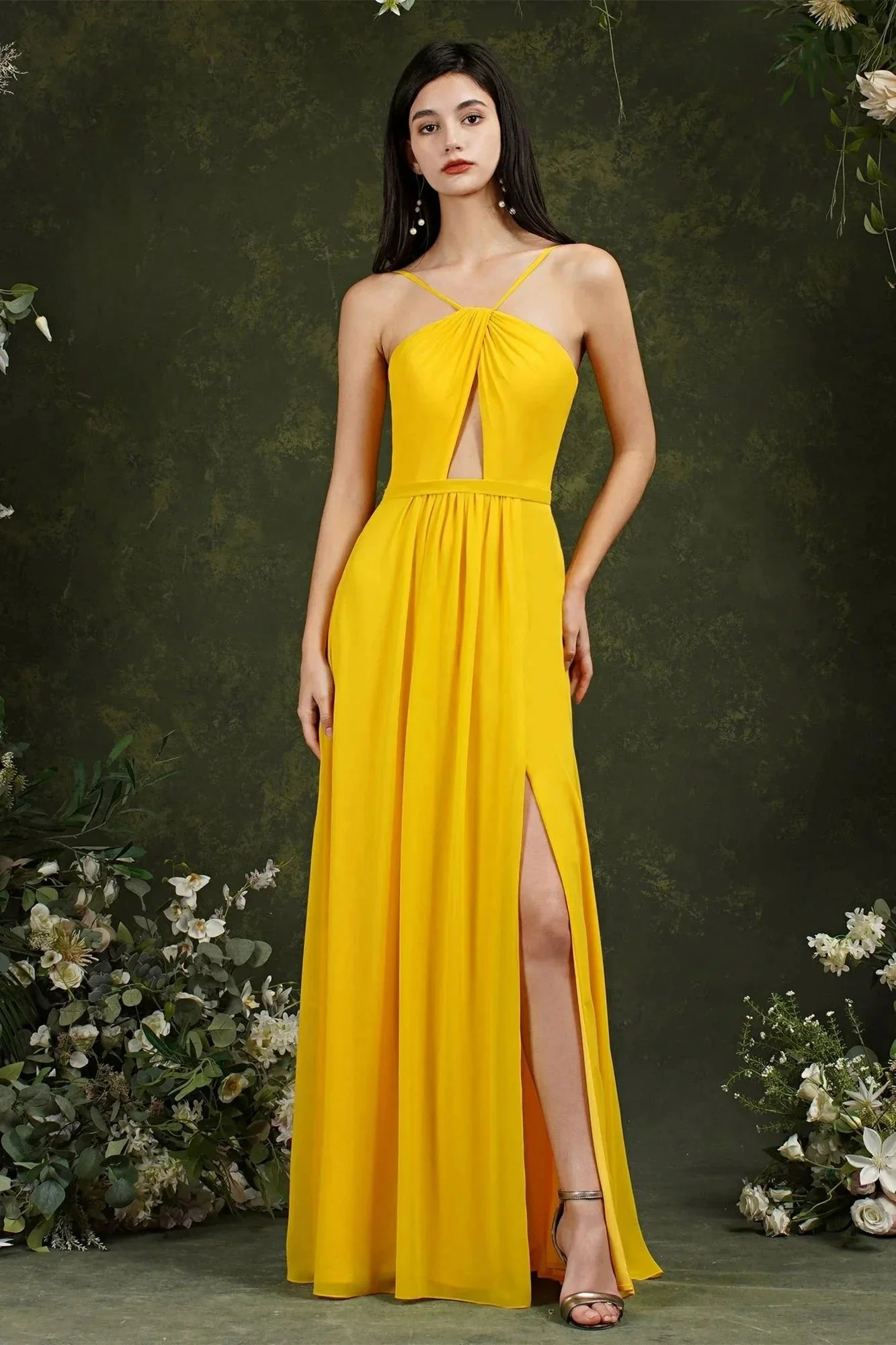Chic Spaghetti Straps Halter A-Line Floor-length Split Bridesmaid Dress With Pockets - Image 7