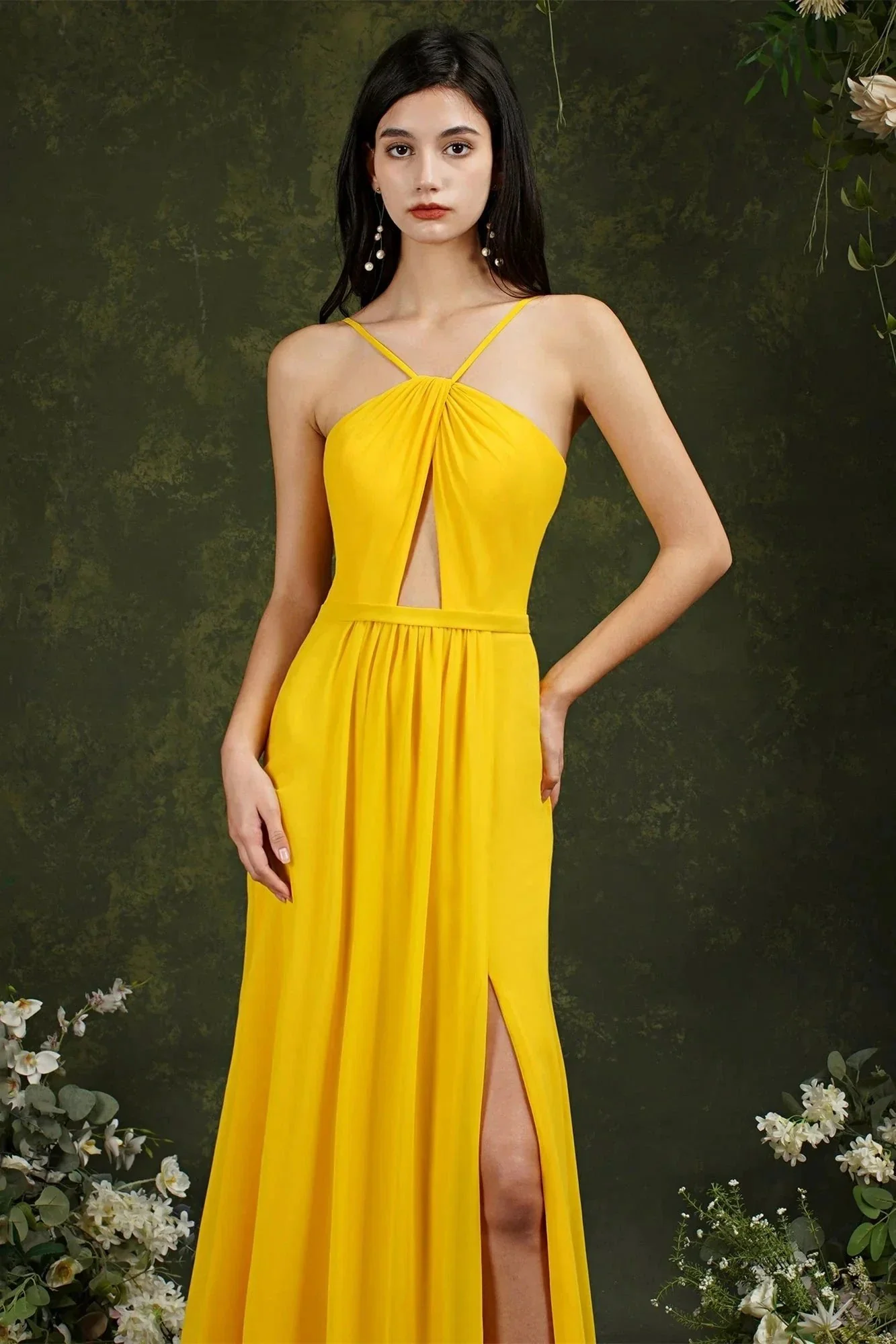 Chic Spaghetti Straps Halter A-Line Floor-length Split Bridesmaid Dress With Pockets - Image 9