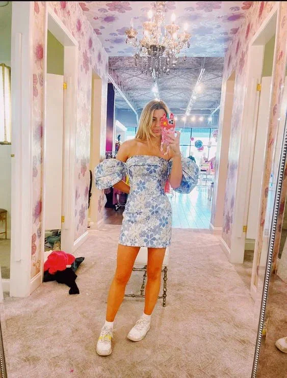Chic Strapless Blue Print Floral Homecoming Dress Y2774 - Image 2