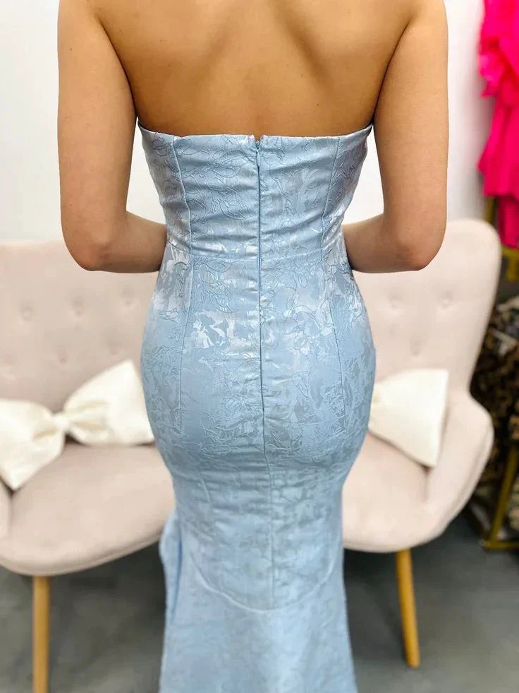 Chic Strapless Mermaid Evening Dress Blue Satin Print Prom Dress Y8234 - Image 3