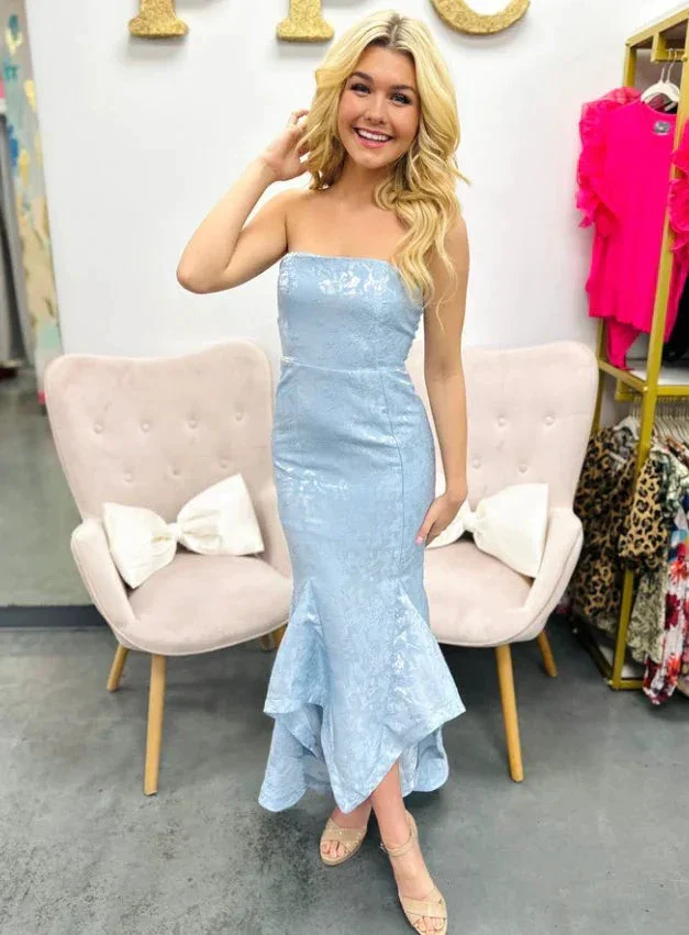 Chic Strapless Mermaid Evening Dress Blue Satin Print Prom Dress Y8234 - Image 4