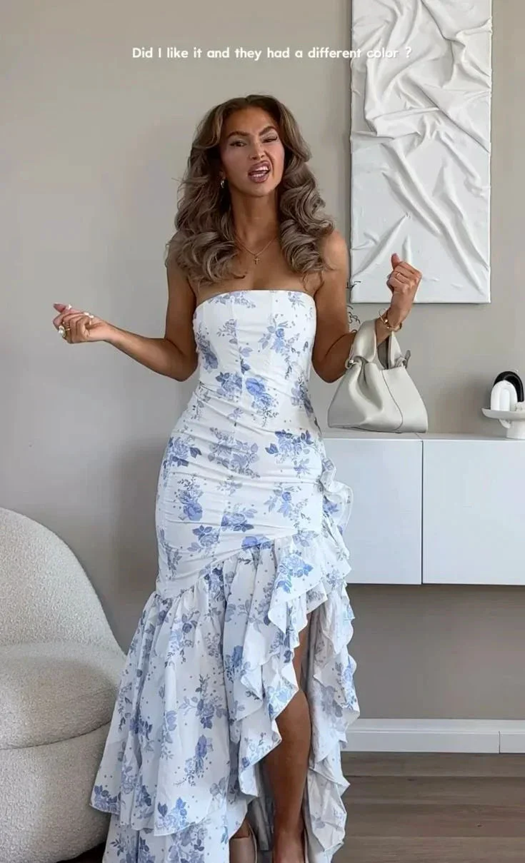 Chic Strapless Print Floral Ruffles Mermaid Evening Dress Prom Dress Y7840 - Image 4