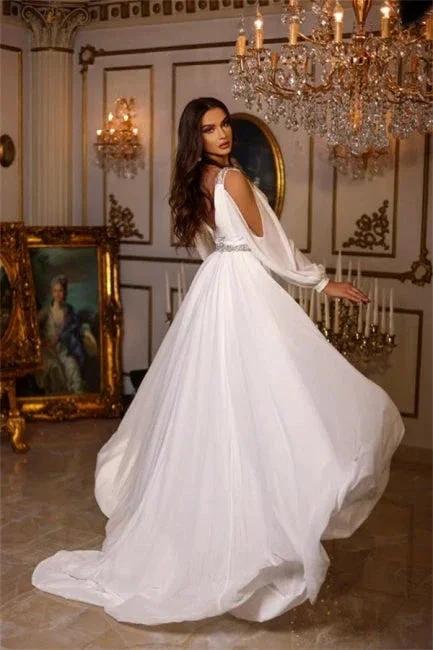 Chic Summer Chiffon A-line V-neck Wedding Dresses With Long Sleeves - Image 2