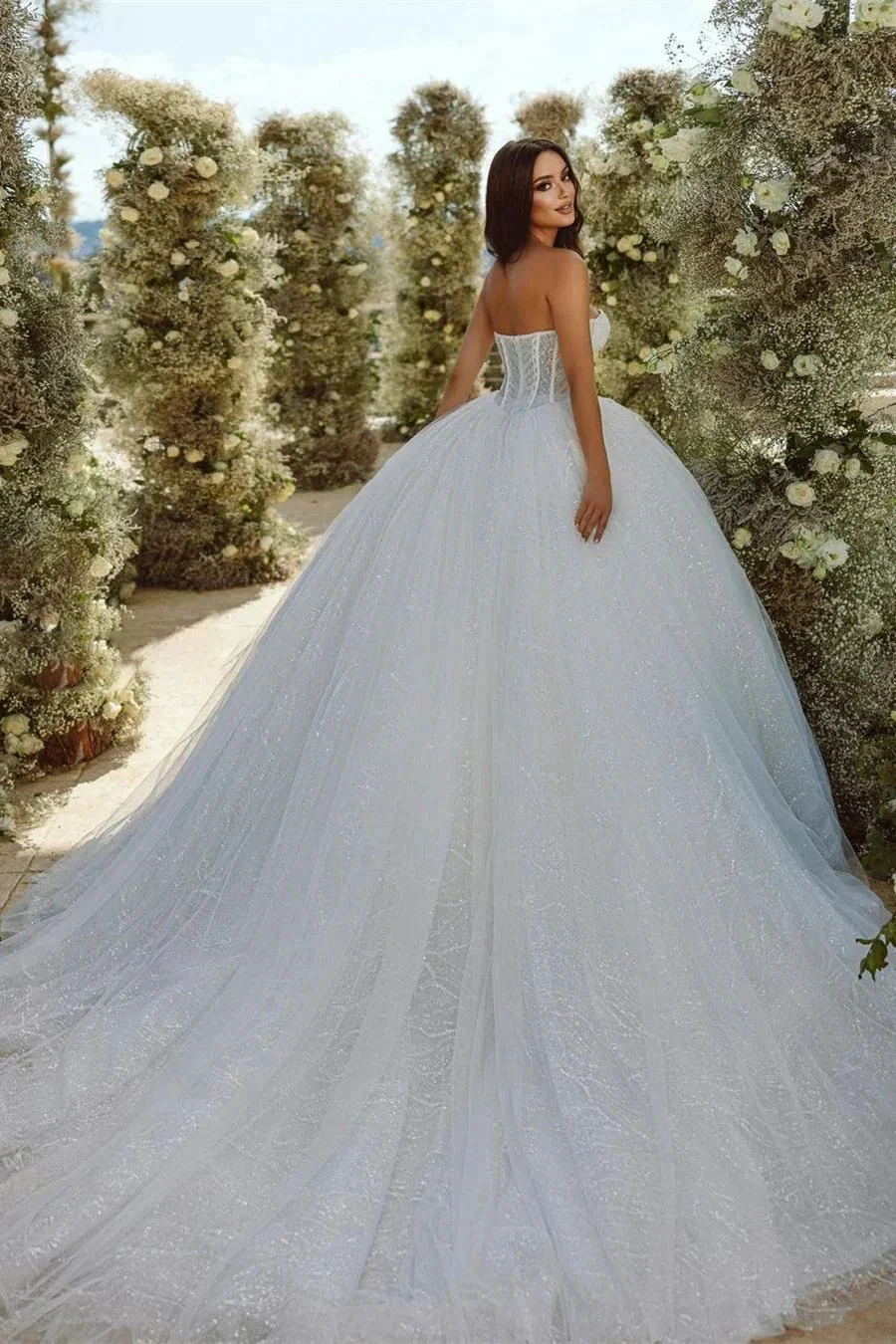 Chic Sweetheart A-line Sleeveless Glitter Tulle Wedding Dress With Train - Image 2