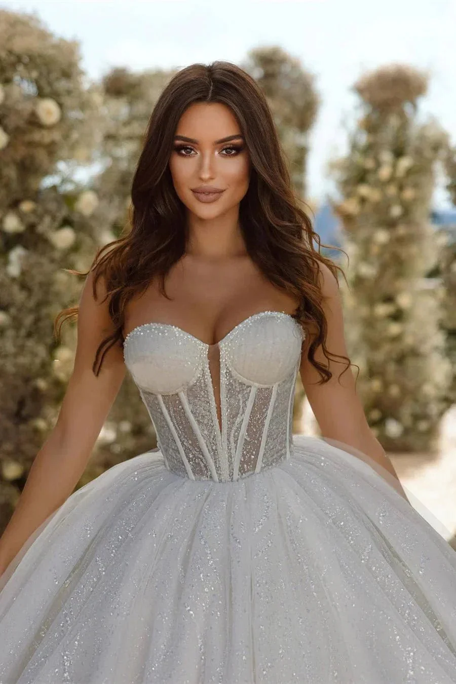 Chic Sweetheart A-line Sleeveless Glitter Tulle Wedding Dress With Train - Image 3