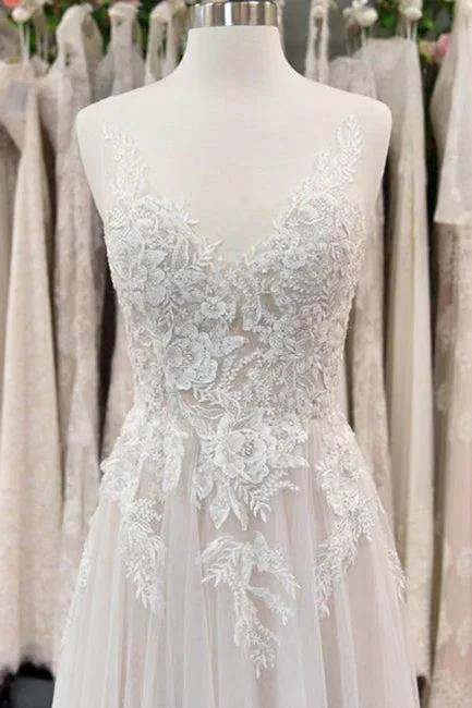 Chic V-neck Appliques Tulle A-line Wedding Dress - Image 3