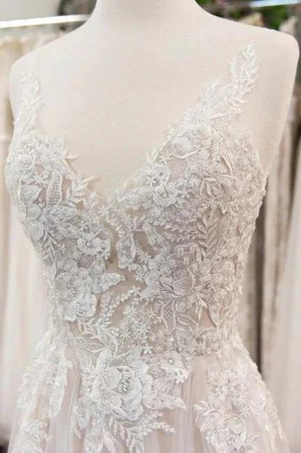 Chic V-neck Appliques Tulle A-line Wedding Dress - Image 4