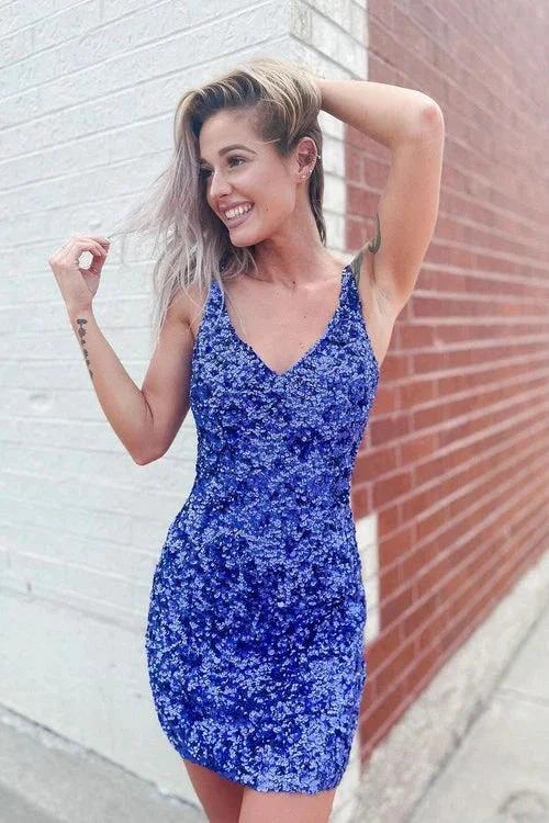 Chic V Neck Open Back Sequins Short Homecoming Dresses - Image 3