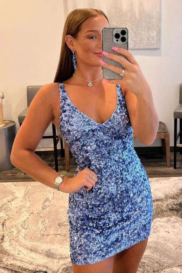 Chic V Neck Open Back Sequins Short Homecoming Dresses - Image 4