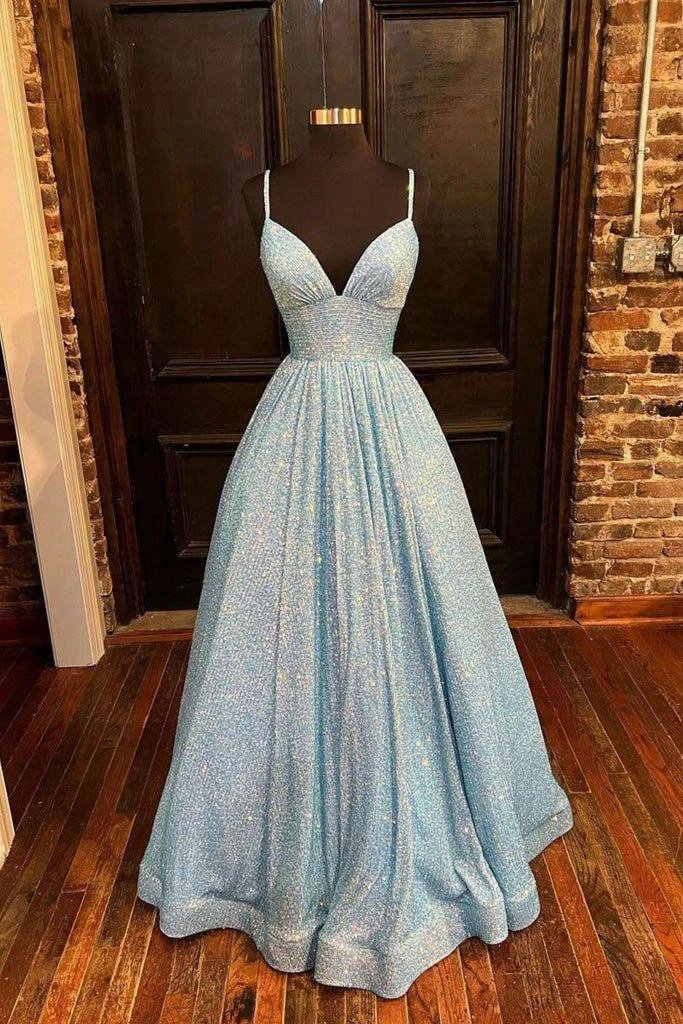 Chic V Neck Sequin Long Prom Dress, A Line Formal Evening Dresses Y04 - Image 2