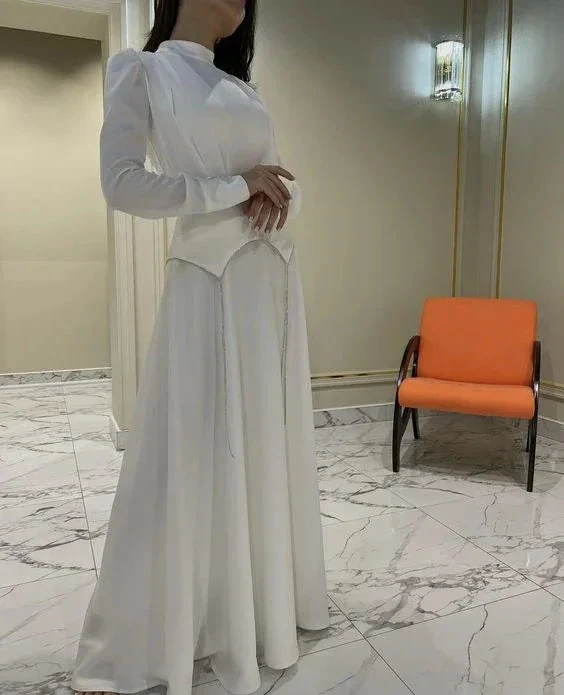 Chic White A-line Long Sleeve Evening Dress Unique Prom Gown Y6885 - Image 2
