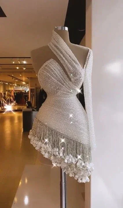 White Cocktail One Shoulder Fringed Cocktail Dresses Above Knee Mini Homecoming Dress Y874 - Image 2