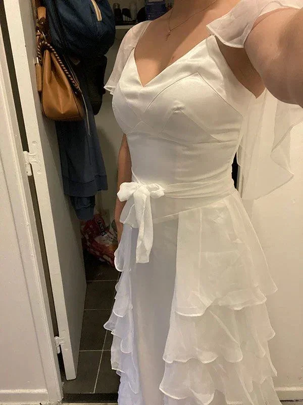 Chic White Ruffled V-neck Long Evening Dress white Evening Gown Y5354 - Image 2