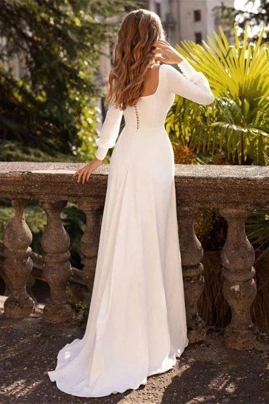 Chic White Satin Long Sleeves A-Line Wedding Dresses Long - Image 2