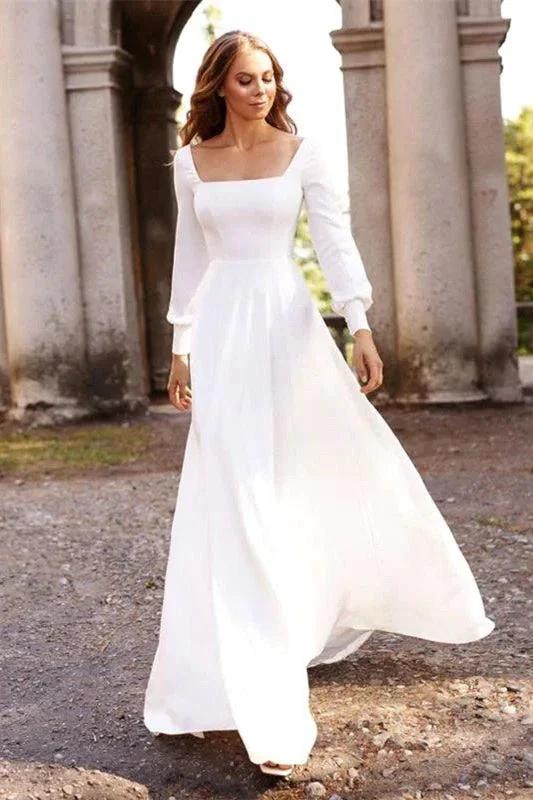 Chic White Satin Long Sleeves A-Line Wedding Dresses Long - Image 5