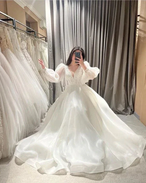 Chic White V Neck Long Sleeves Wedding Dress,White Bridal Dress Y6348 - Image 2