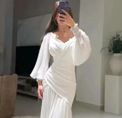 Chic White V Neck Ruched Mermaid Evening Dress Long Prom Dress Y7737 - Image 2