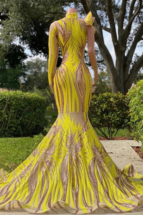Chic Yellow Long Mermaid High Neck Tulle Lace Prom Dress with Sleeves - Image 2