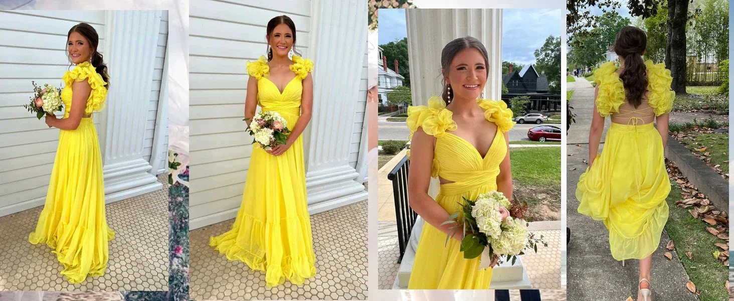Chiffon A Line Ruffle Prom Dresses for Women V Neck Long Bridesmaid Dresses Backless Formal Evening Gowns  Y3043 - Image 10