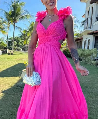 Chiffon A Line Ruffle Prom Dresses for Women V Neck Long Bridesmaid Dresses Backless Formal Evening Gowns  Y3043 - Image 4