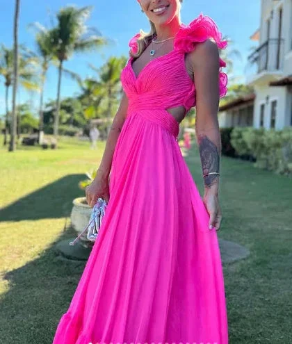Chiffon A Line Ruffle Prom Dresses for Women V Neck Long Bridesmaid Dresses Backless Formal Evening Gowns  Y3043 - Image 5