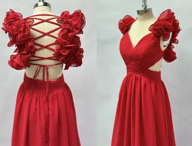 Chiffon A Line Ruffle Prom Dresses for Women V Neck Long Bridesmaid Dresses Backless Formal Evening Gowns  Y3043 - Image 8