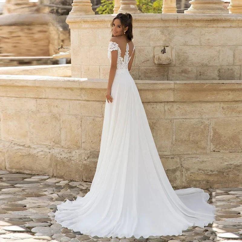 Chiffon Bohemian Bride Gowns A-Line Wedding Dresses Side Slit Lace Beach Long O-Neck Cap Sleeves Vestidos De Novia 2024 - Image 2