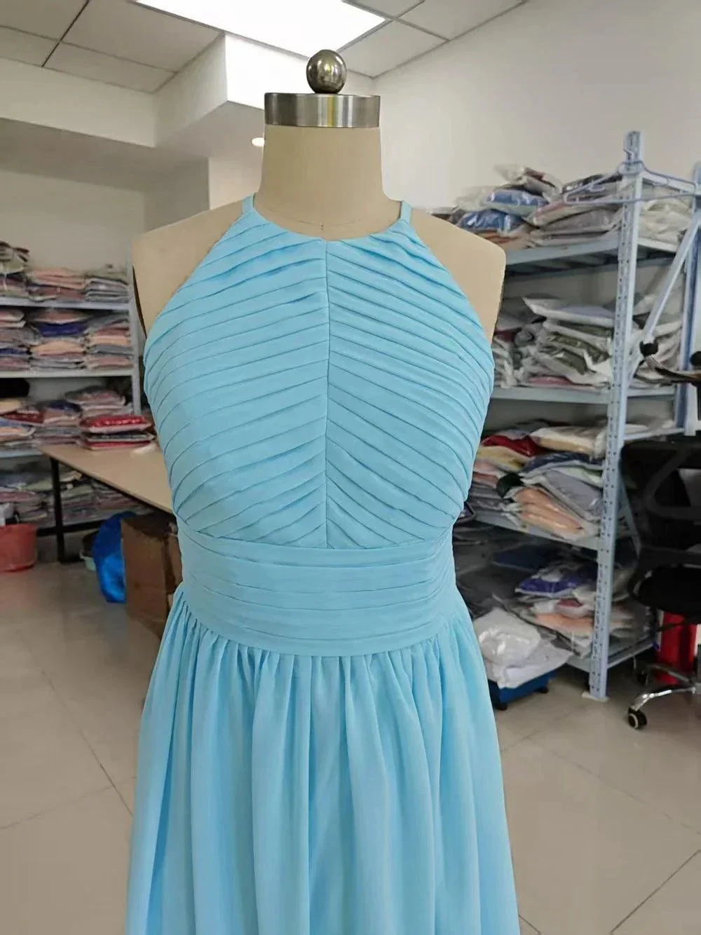 Chiffon Floor Length Prom Dresses A-Line Halter Open Back Pleats - Image 10