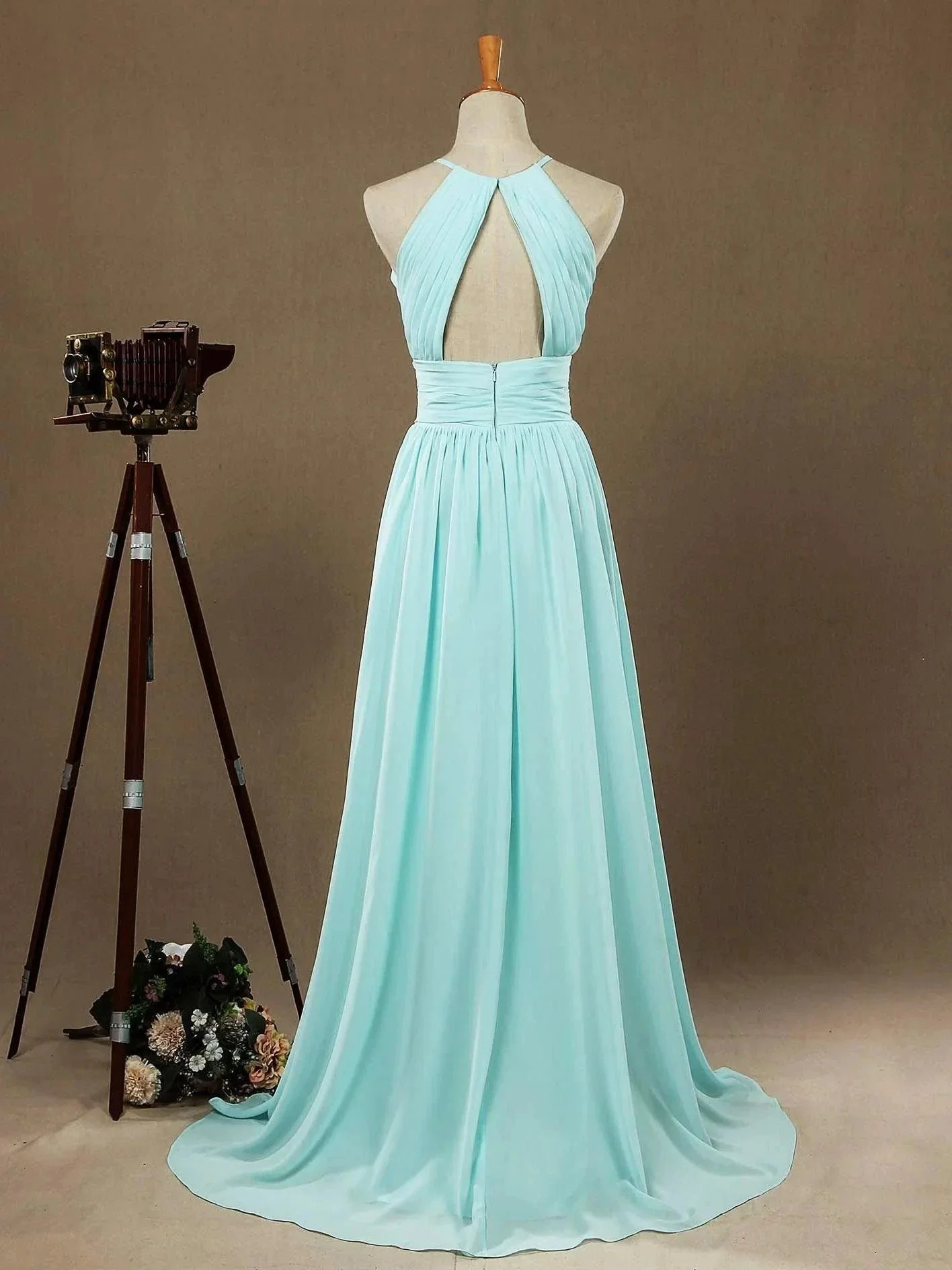 Chiffon Floor Length Prom Dresses A-Line Halter Open Back Pleats - Image 3