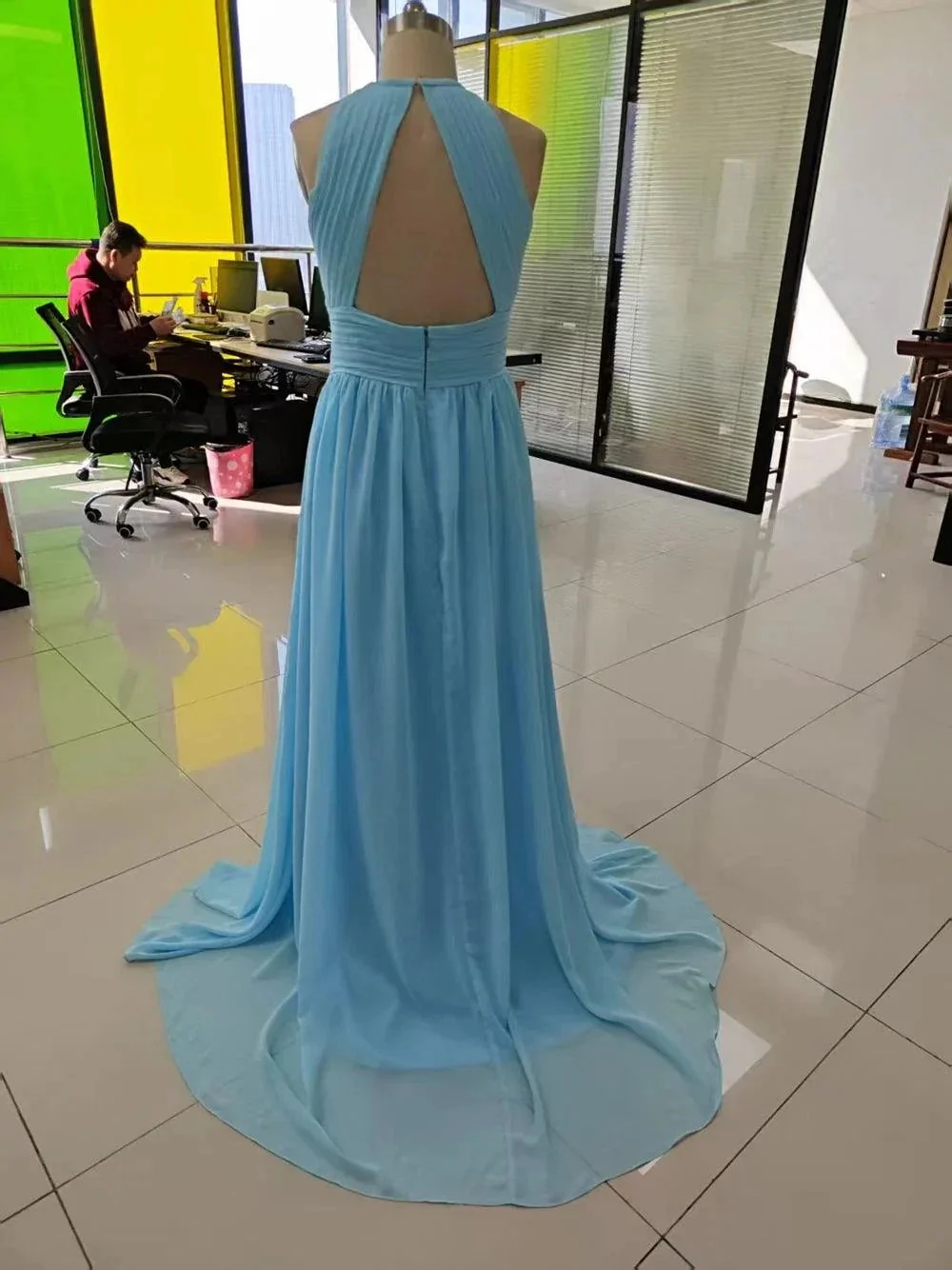 Chiffon Floor Length Prom Dresses A-Line Halter Open Back Pleats - Image 8
