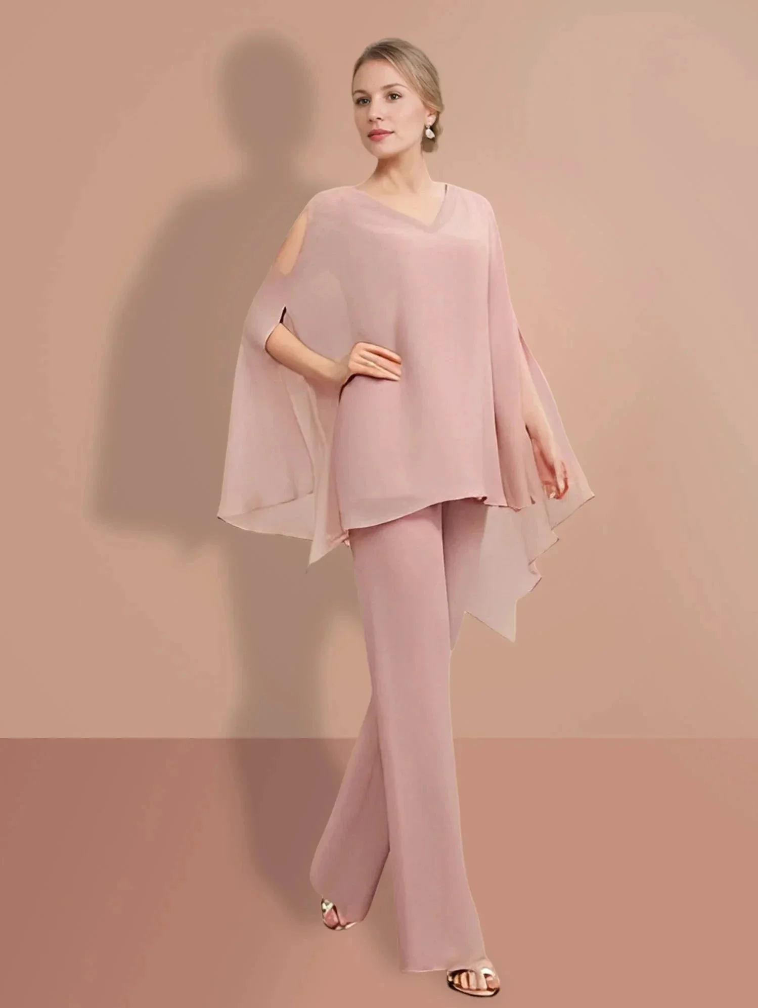 Chiffon half Sleeves V-Neck Mother of the Bride Pantsuits - Image 3