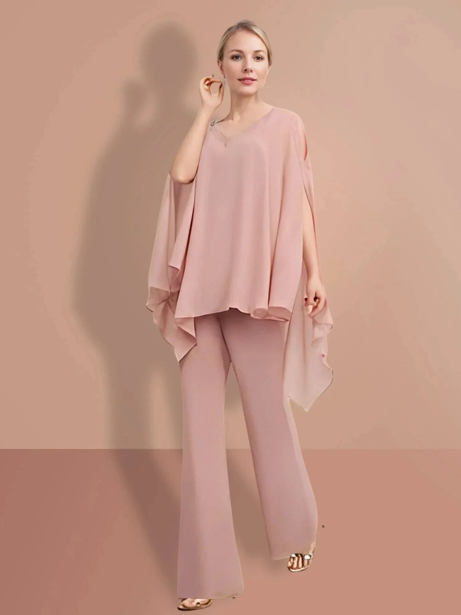 Chiffon half Sleeves V-Neck Mother of the Bride Pantsuits - Image 4
