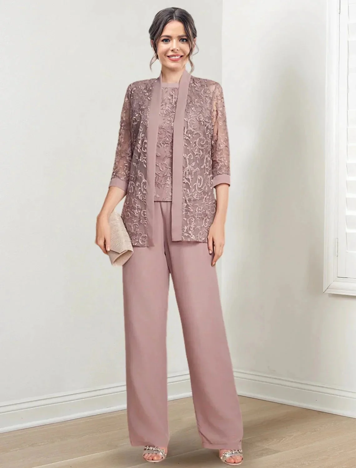 Chiffon Jewel Neck Mother of the Bride Pantsuits with Jacket - Image 3