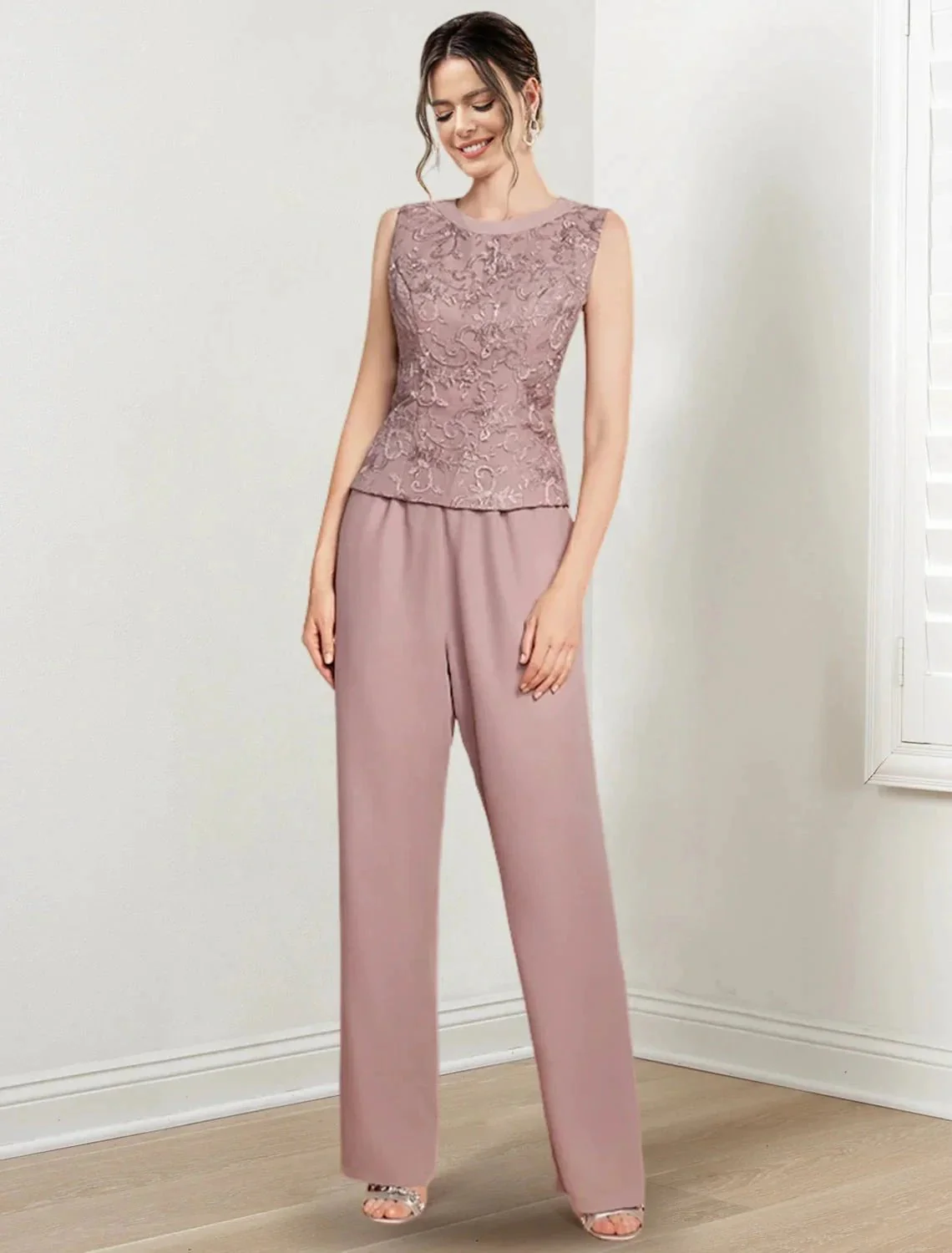 Chiffon Jewel Neck Mother of the Bride Pantsuits with Jacket - Image 4