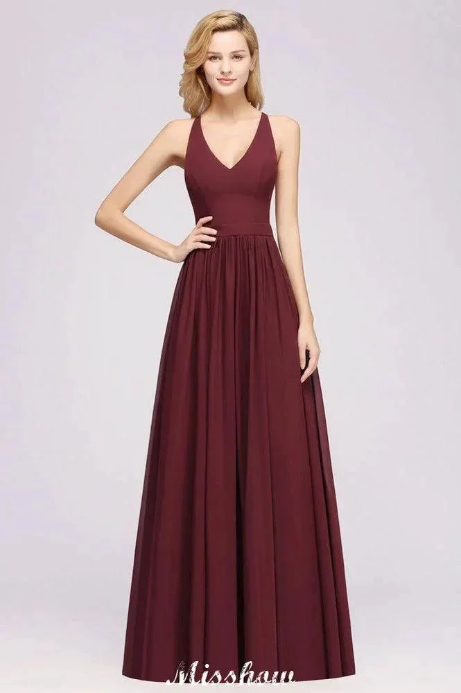 Chiffon Lace A-line Bridesmaid Dresses | V-Neck Sleeveless Floor Length Maid of the Honor Dresses - Image 3